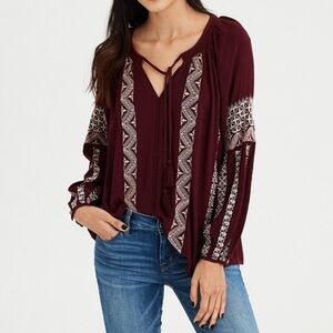 American Eagle Boho Blouse XL | Maroon Burgundy Flowy Peasant Top